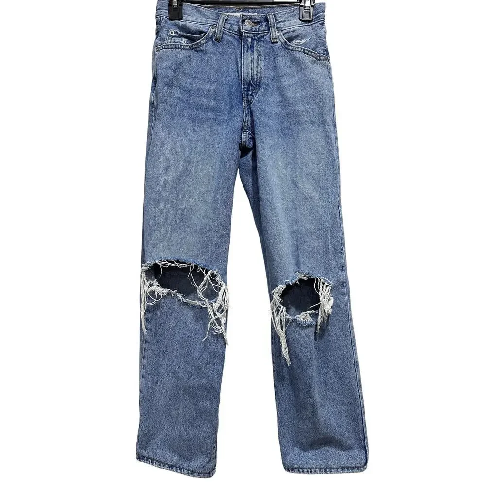 Levis 94 Baggy Jeans 24x31 (26x29) Blue Light Wash Distressed Ripped Knees Denim